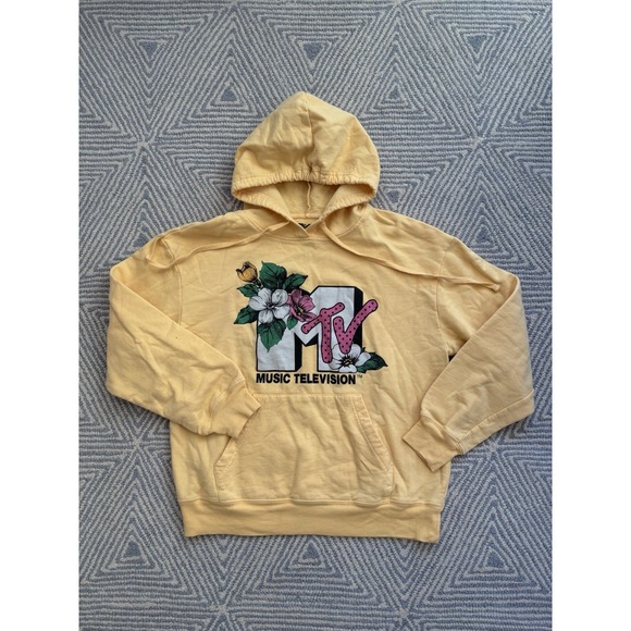 MTV Tops - Women's MTV Logo Floral‎ Hibiscus Hooded Sweatshirt - Yellow - Medium